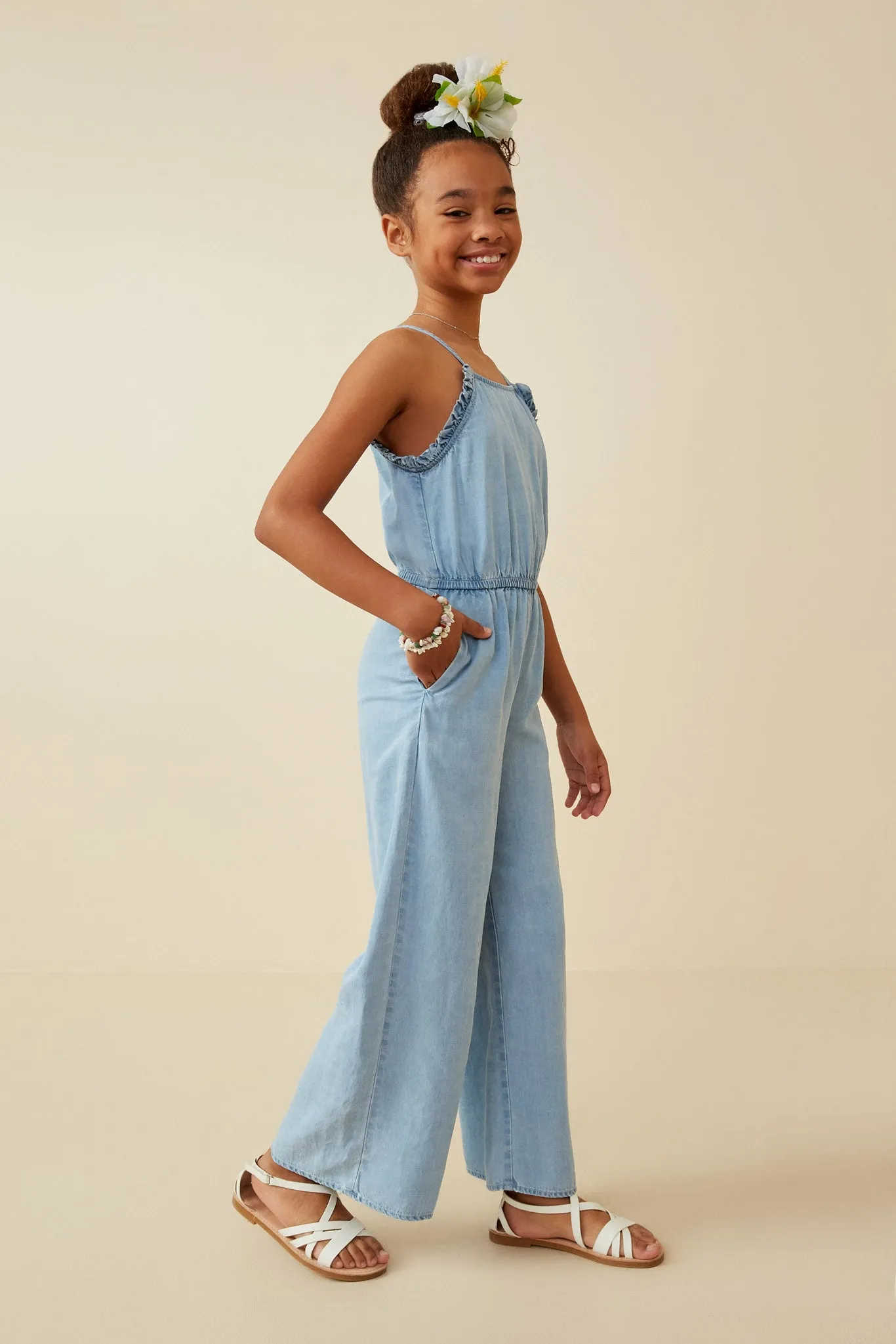Ruffled Halter Wideleg Denim Tencel Jumpsuit