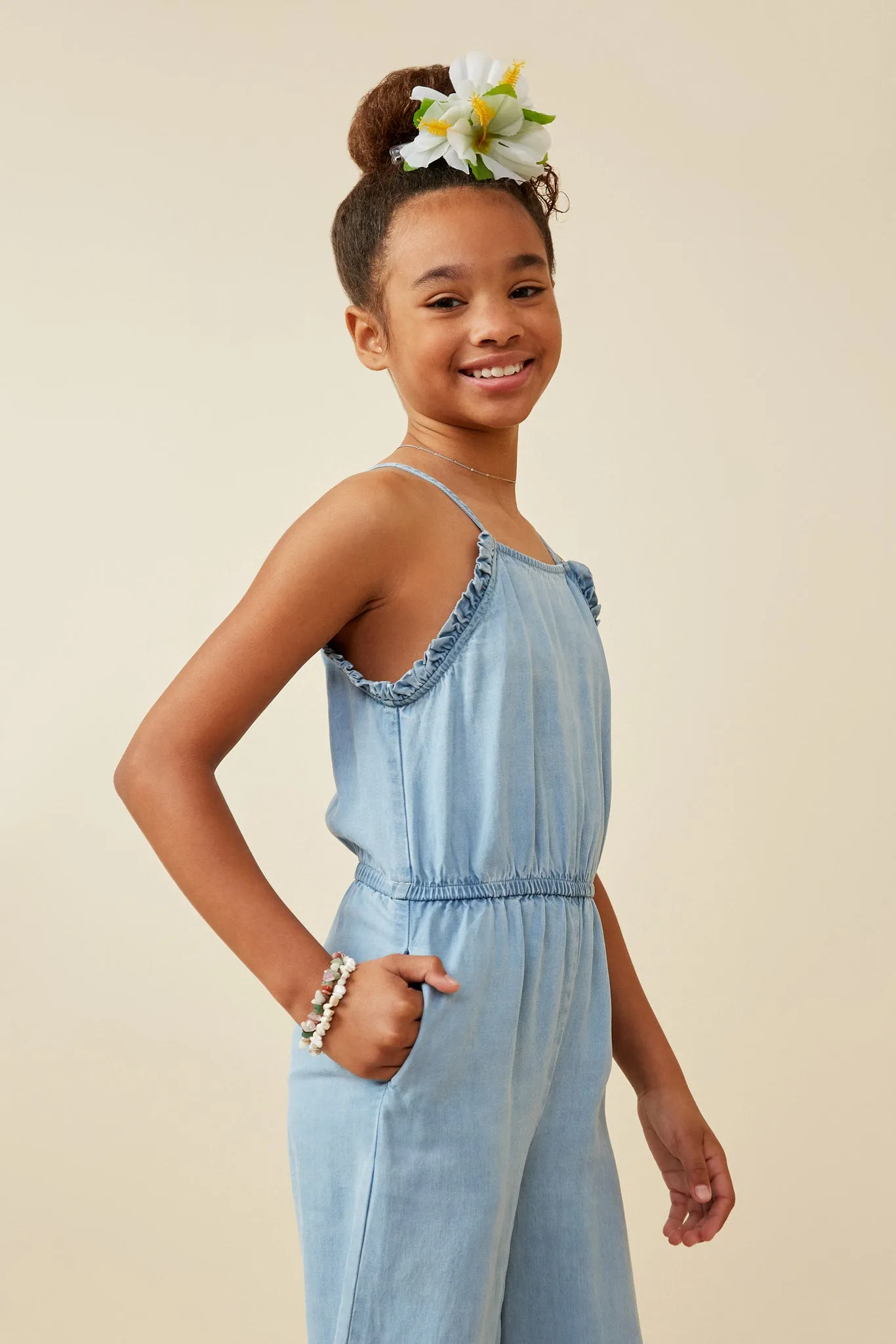 Ruffled Halter Wideleg Denim Tencel Jumpsuit