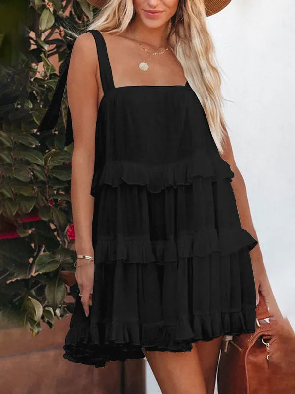 Ruffled Mini Dress with Adjustable Straps and Tiered Design