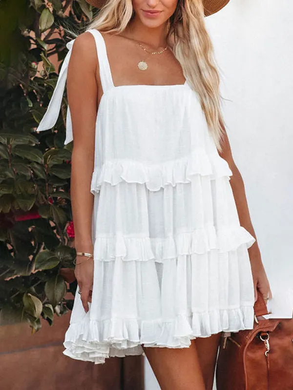 Ruffled Mini Dress with Adjustable Straps and Tiered Design