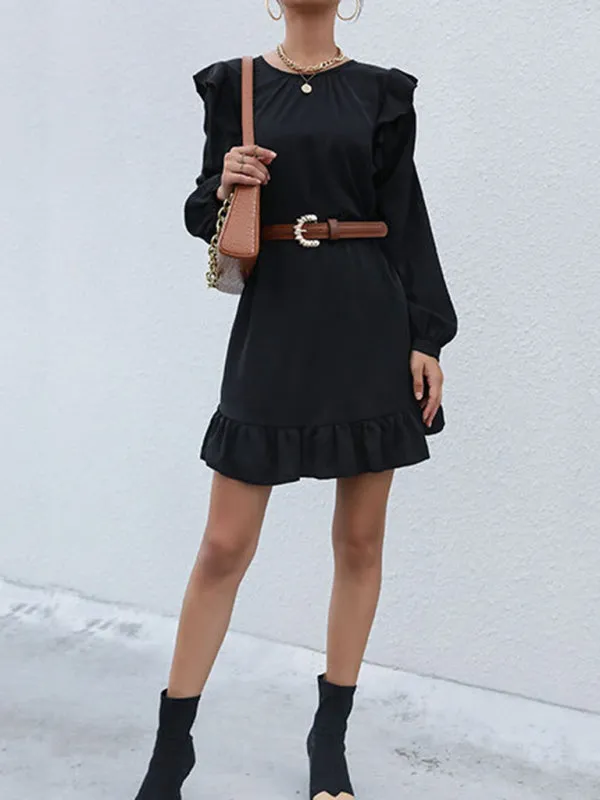 Ruffled Mini Dress with Long Sleeves and Belted Waist