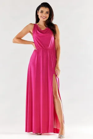 Ruffled Neckline Maxi Dress with Slit