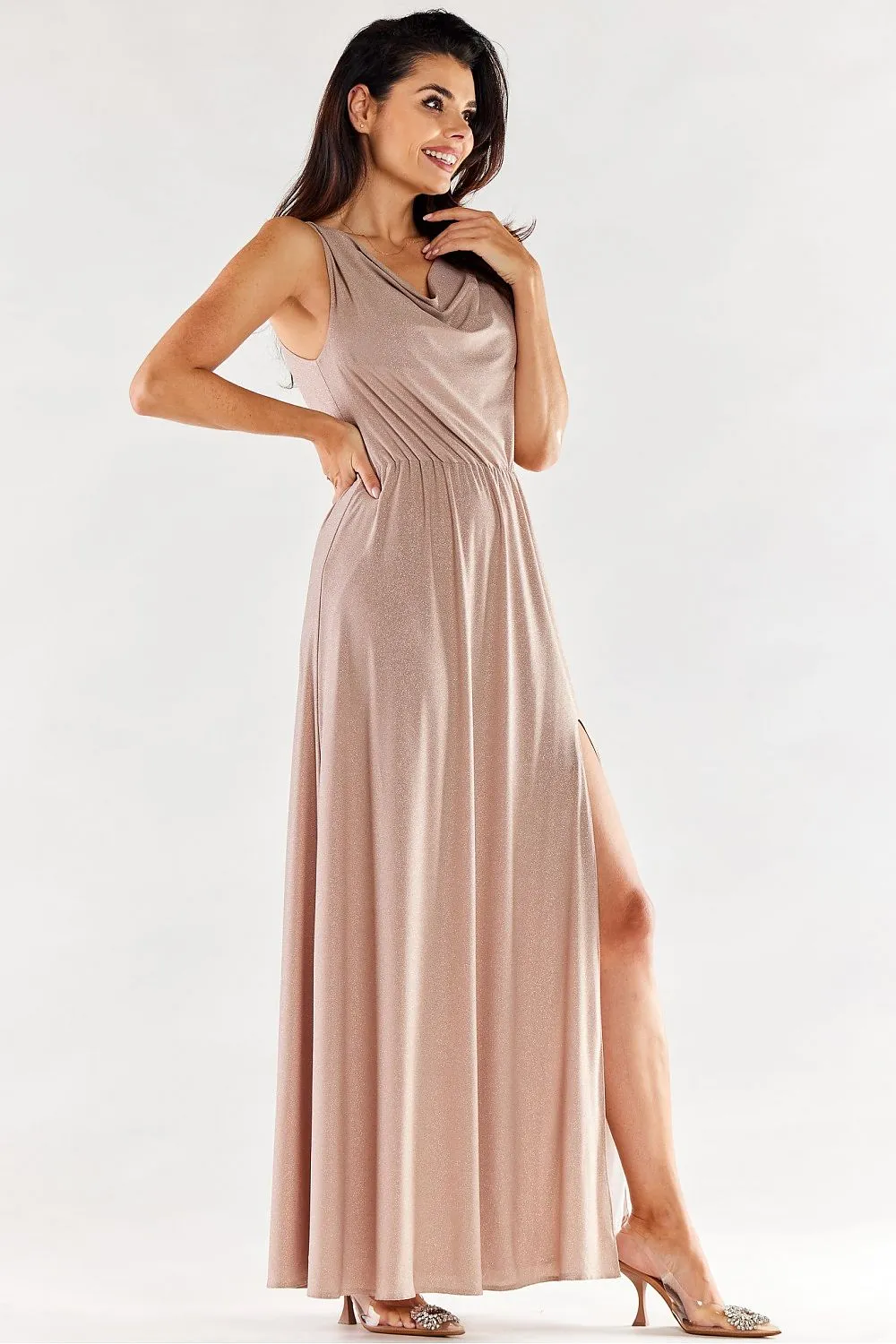 Ruffled Neckline Maxi Dress with Slit