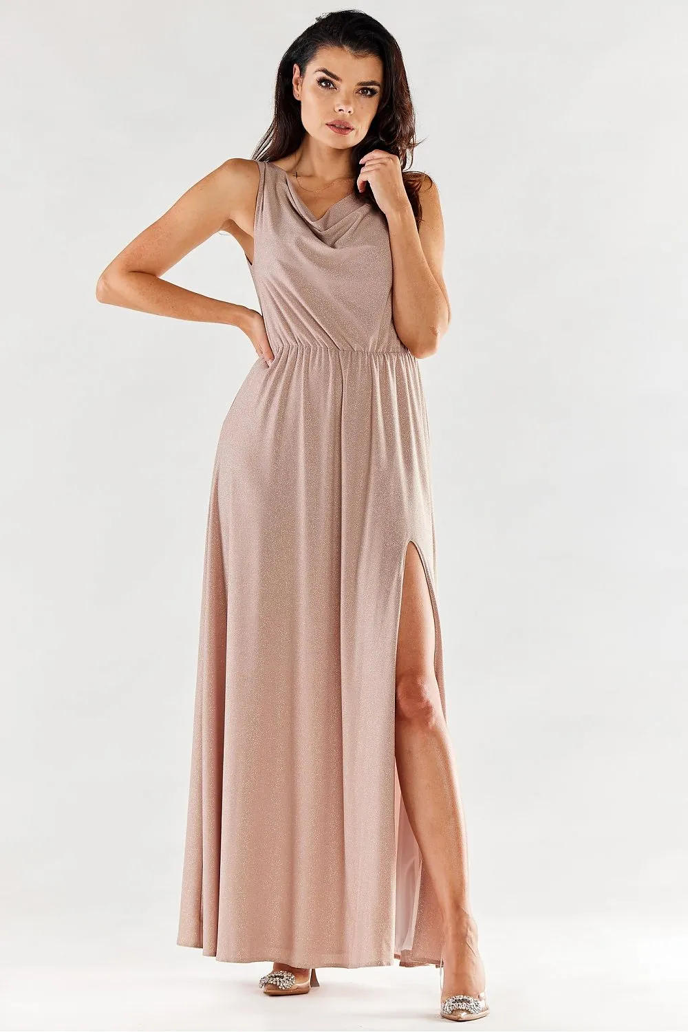 Ruffled Neckline Maxi Dress with Slit
