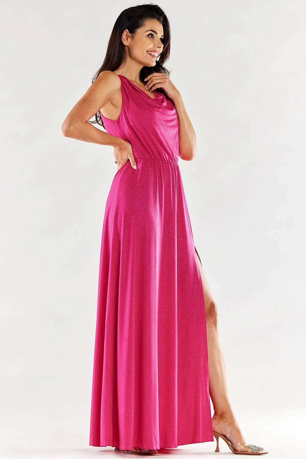 Ruffled Neckline Maxi Dress with Slit