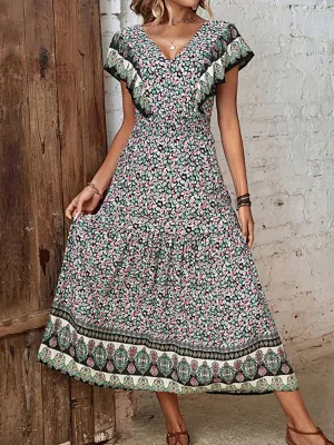 Ruffled V-Neck Maxi Dress with Floral Print and Cinched Waist
