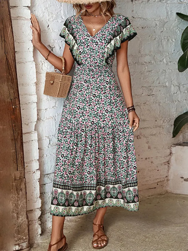Ruffled V-Neck Maxi Dress with Floral Print and Cinched Waist