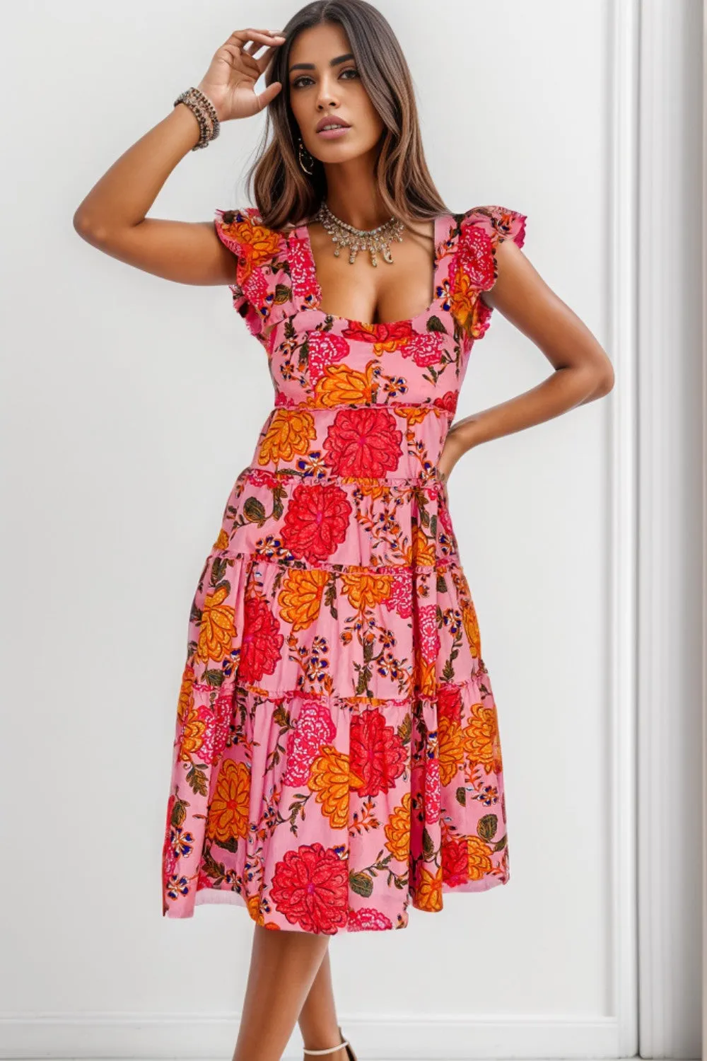 Sarah Ruffled Floral Square Neck Tiered Dress