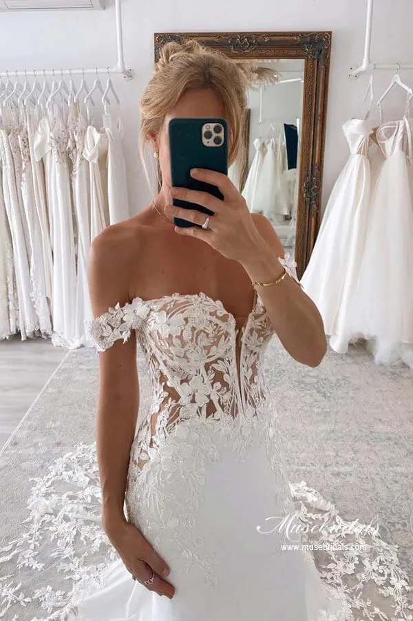 Satin Mermaid Off-the-Shoulder Wedding Dresses With Lace Appliques, MW872