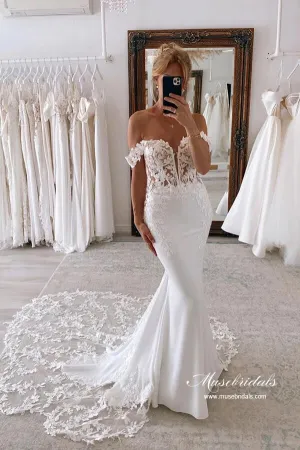 Satin Mermaid Off-the-Shoulder Wedding Dresses With Lace Appliques, MW872