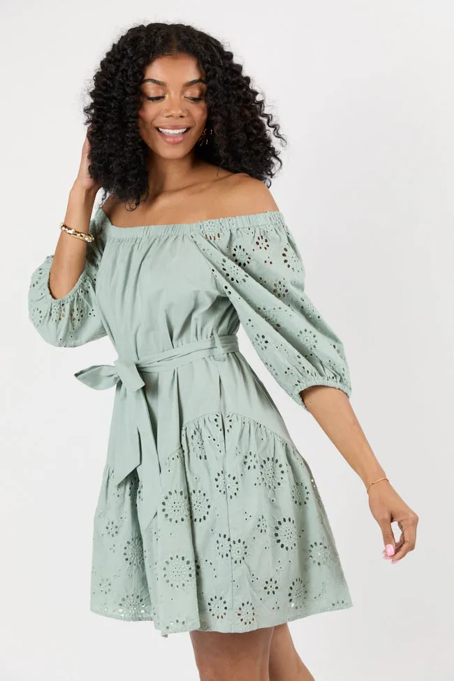 Set The Sage Eyelet Off The Shoulder Dress
