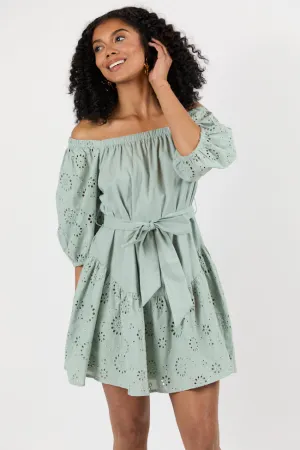 Set The Sage Eyelet Off The Shoulder Dress