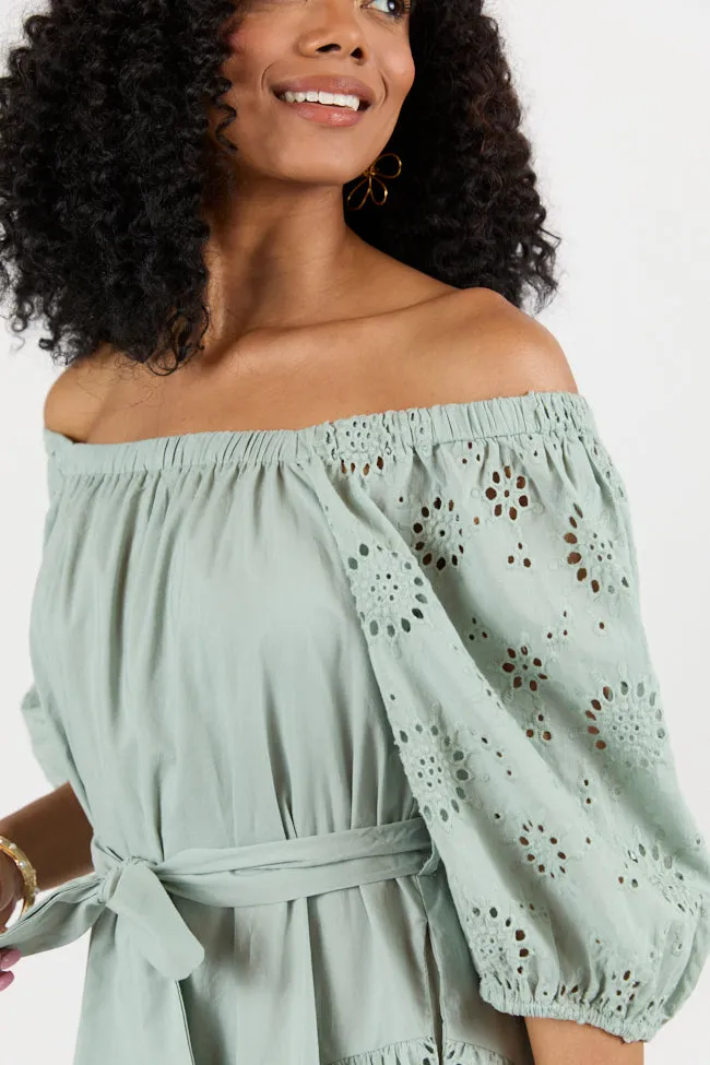 Set The Sage Eyelet Off The Shoulder Dress