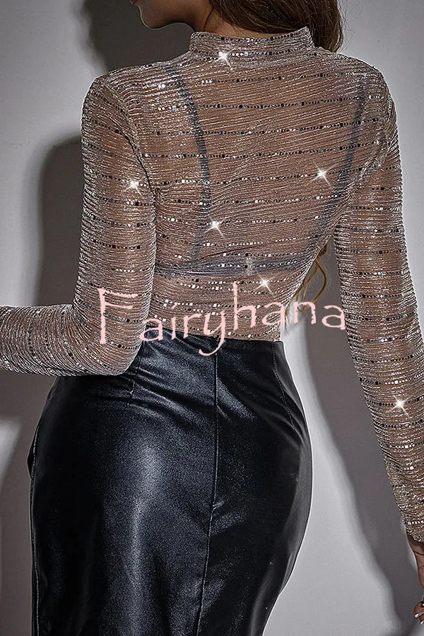 Shiny Mesh Sheer Crew Neck Long Sleeve Bodysuit Top