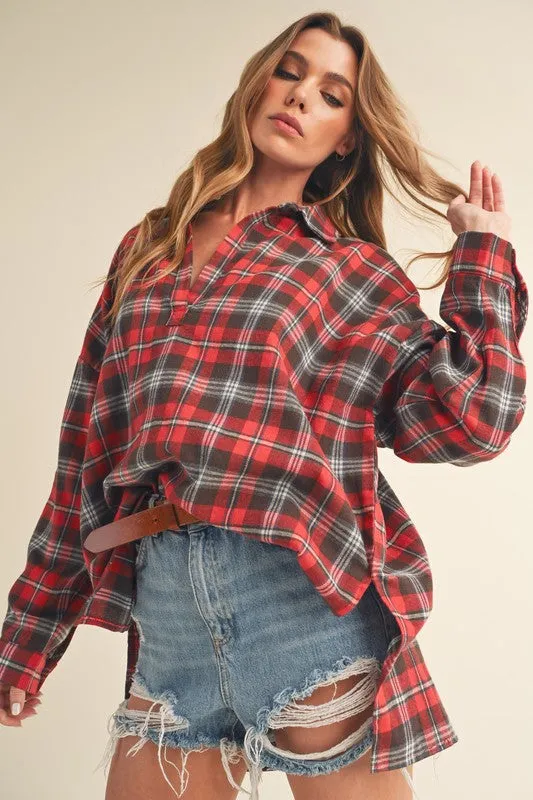 Side Slit High-Low Plaid Long Sleeve Polo Shirt