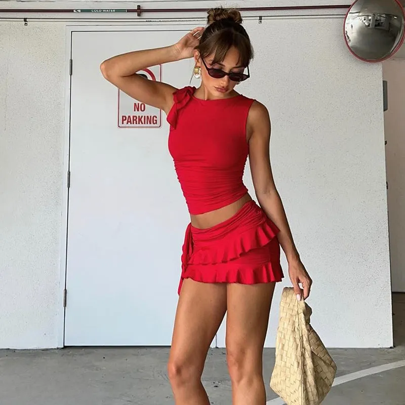 Sleeveless Round Neck Fit Ruffled Skirt two piece