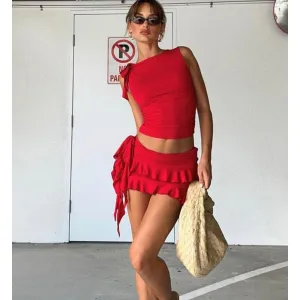 Sleeveless Round Neck Fit Ruffled Skirt two piece