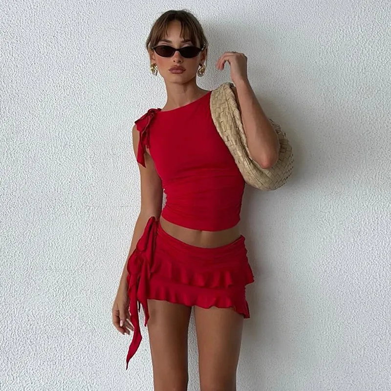 Sleeveless Round Neck Fit Ruffled Skirt two piece