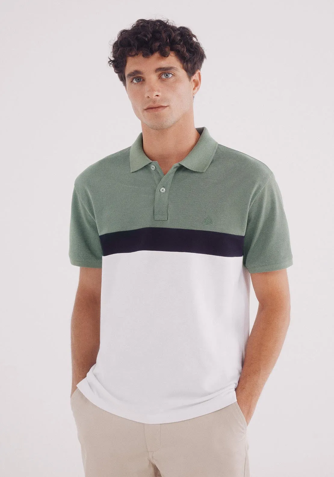 Slim Fit Color Block Piqué Polo - Green
