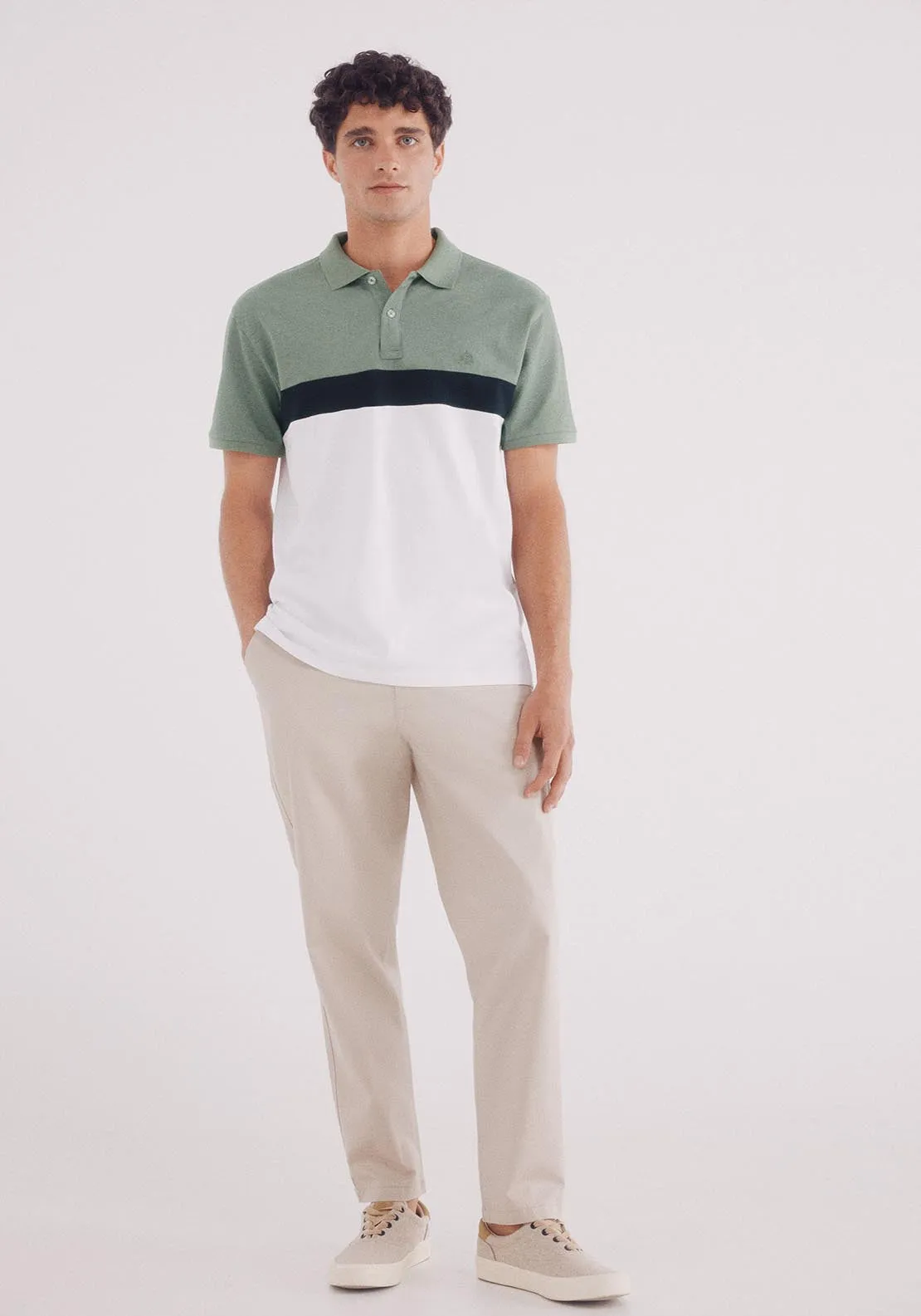 Slim Fit Color Block Piqué Polo - Green