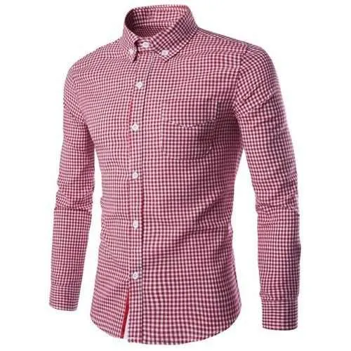 Slimming Braid Spliced One Pocket Shirt Collar Long Sleeves Plaid Shirt For Men - Red M