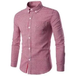 Slimming Braid Spliced One Pocket Shirt Collar Long Sleeves Plaid Shirt For Men - Red M