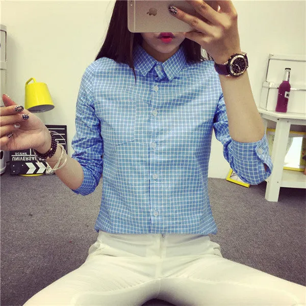 small Plaid Women Blouse Casual Lapel Shirt OL Long Sleeve Cotton Shirts Women Classic Grid Shirts Tops Pluse size