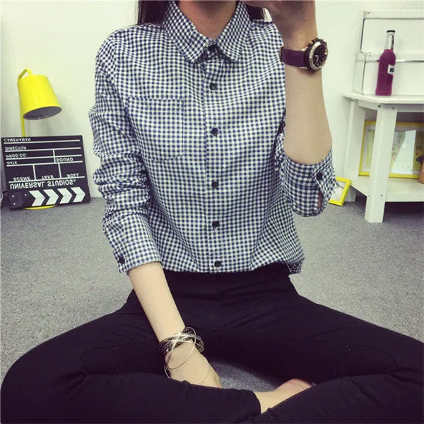 small Plaid Women Blouse Casual Lapel Shirt OL Long Sleeve Cotton Shirts Women Classic Grid Shirts Tops Pluse size