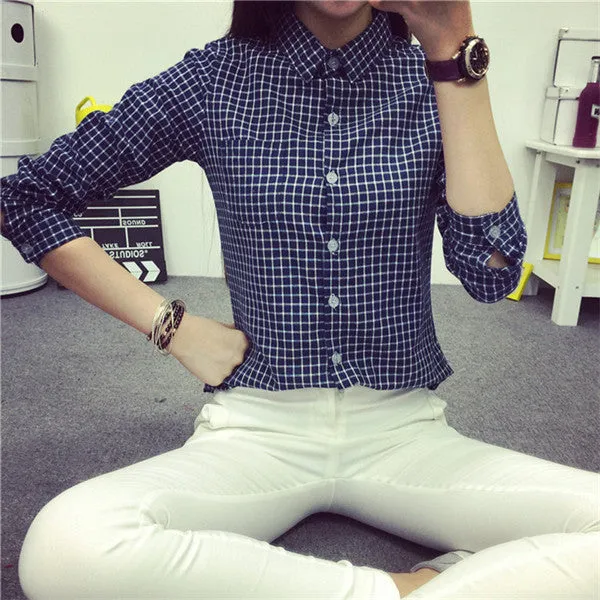small Plaid Women Blouse Casual Lapel Shirt OL Long Sleeve Cotton Shirts Women Classic Grid Shirts Tops Pluse size