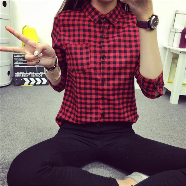 small Plaid Women Blouse Casual Lapel Shirt OL Long Sleeve Cotton Shirts Women Classic Grid Shirts Tops Pluse size