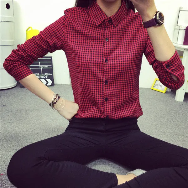small Plaid Women Blouse Casual Lapel Shirt OL Long Sleeve Cotton Shirts Women Classic Grid Shirts Tops Pluse size