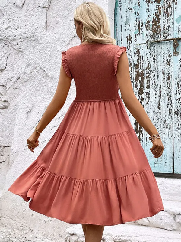 Smocked Bodice Dress with Ruffled Shoulders and Tiered Skirt