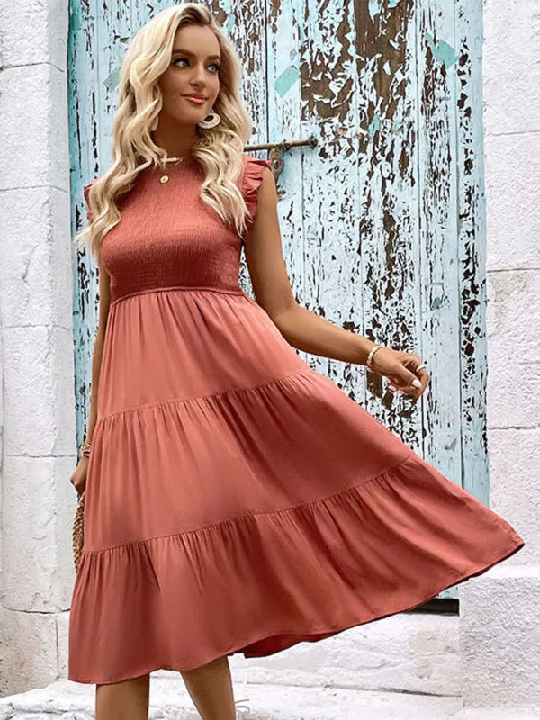 Smocked Bodice Dress with Ruffled Shoulders and Tiered Skirt