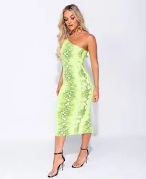 Snake Print One Shoulder Midi Dress
