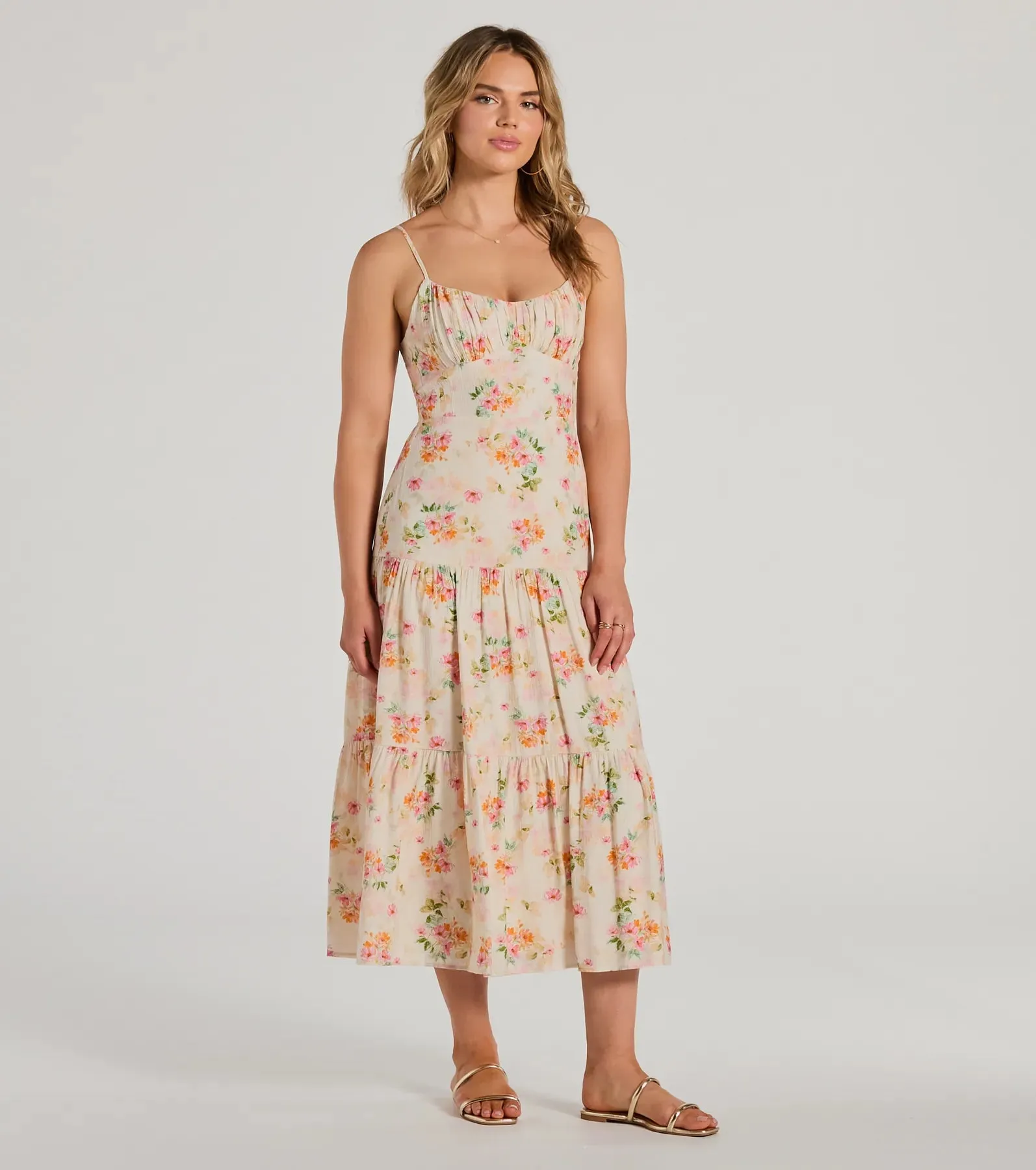 Soiree Hour Lace-Up Ruffled Floral Midi Dress