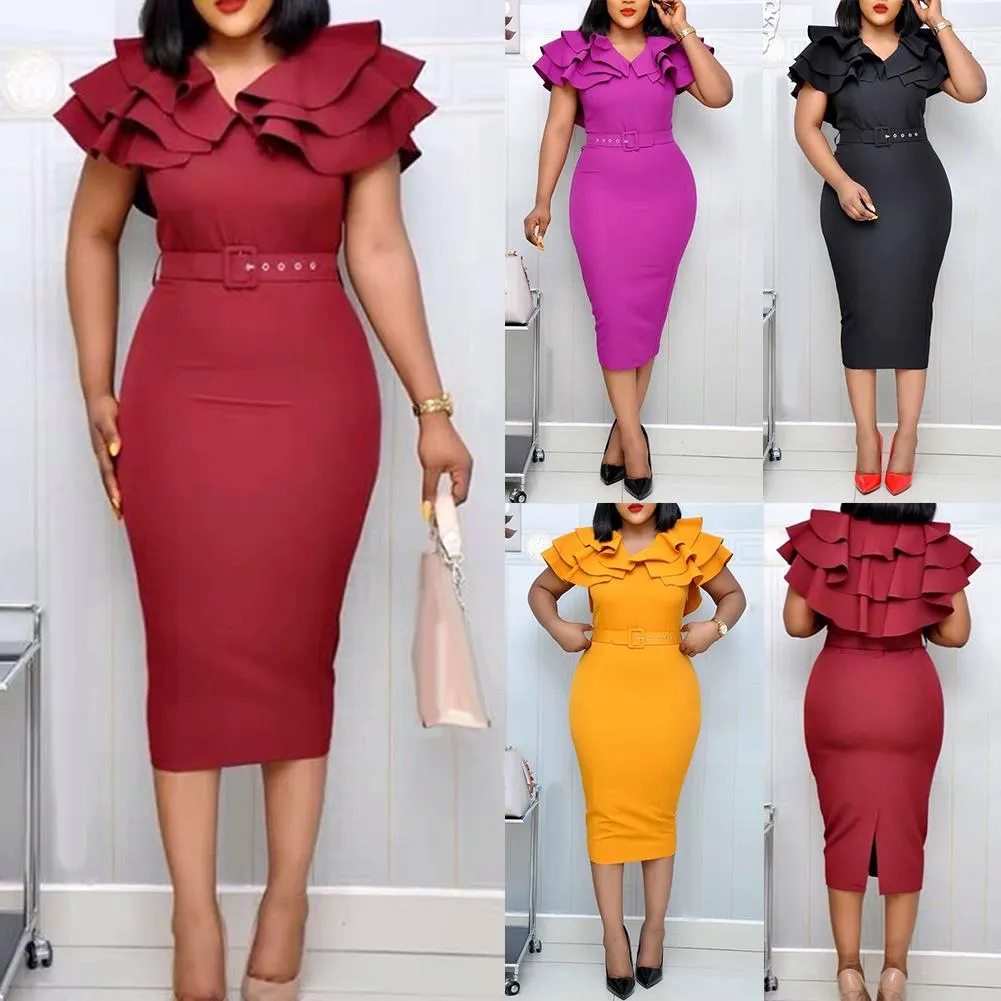 Solid Color V Neck Short Ruffled Sleeve Belt Bodycon Midi Dress