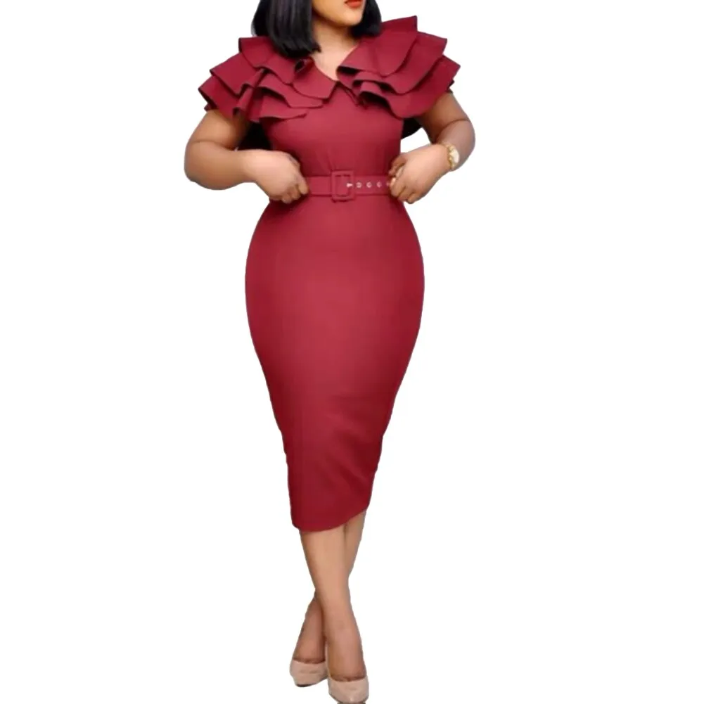 Solid Color V Neck Short Ruffled Sleeve Belt Bodycon Midi Dress
