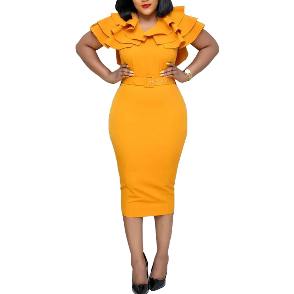 Solid Color V Neck Short Ruffled Sleeve Belt Bodycon Midi Dress