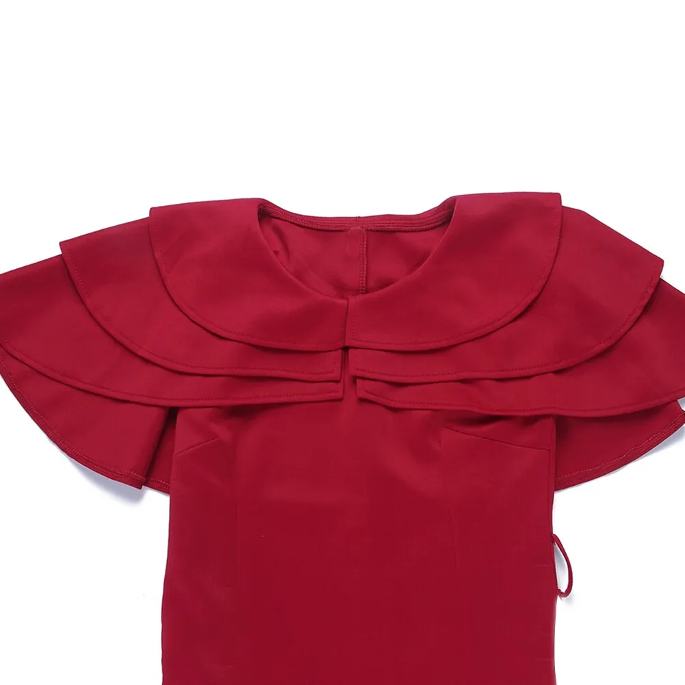Solid Color V Neck Short Ruffled Sleeve Belt Bodycon Midi Dress