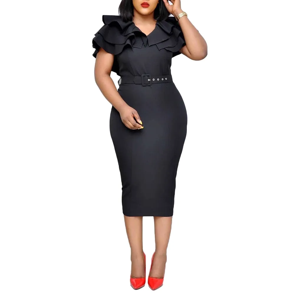 Solid Color V Neck Short Ruffled Sleeve Belt Bodycon Midi Dress