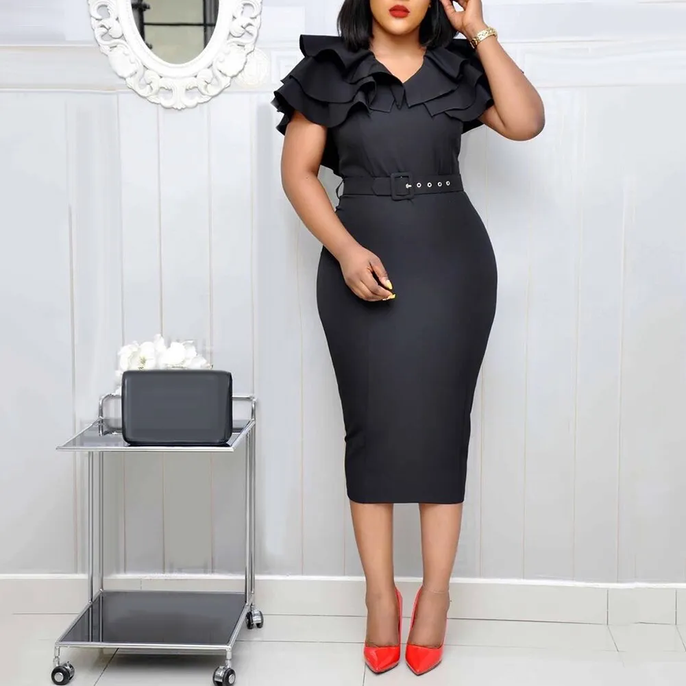Solid Color V Neck Short Ruffled Sleeve Belt Bodycon Midi Dress