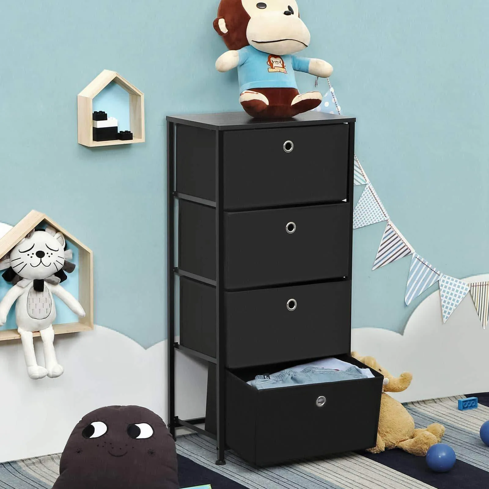 SONGMICS 4-Tier Dresser Drawer Unit, Cabinet with 4 Easy Pull Fabric Drawers, Storage Organizer with Metal Frame and Wooden Tabletop for Living Room, Closet, Hallway, Black ULTS04H