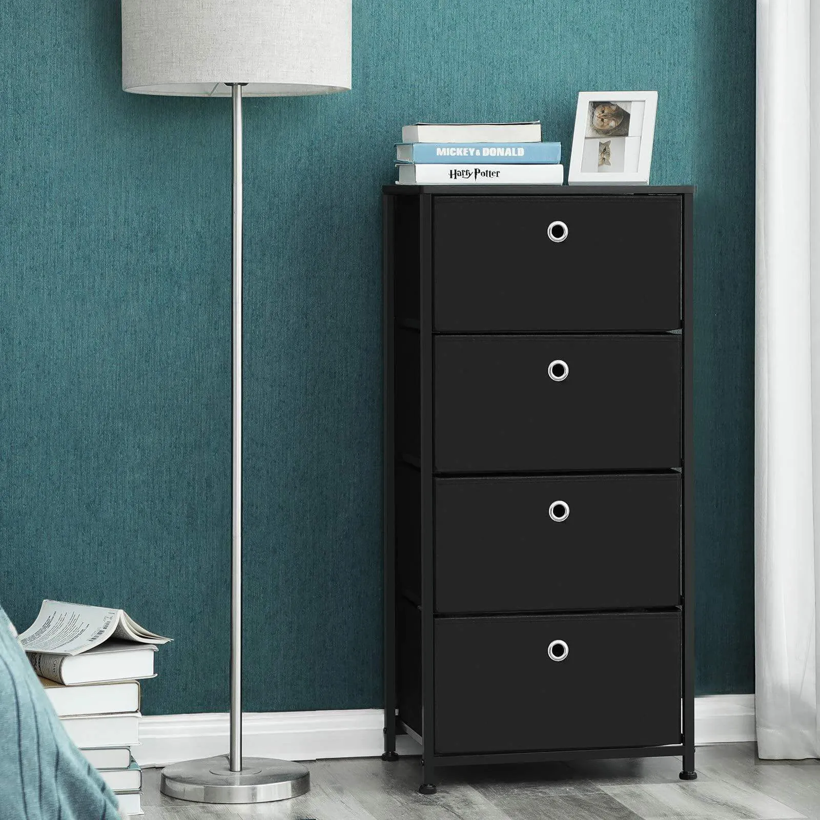 SONGMICS 4-Tier Dresser Drawer Unit, Cabinet with 4 Easy Pull Fabric Drawers, Storage Organizer with Metal Frame and Wooden Tabletop for Living Room, Closet, Hallway, Black ULTS04H