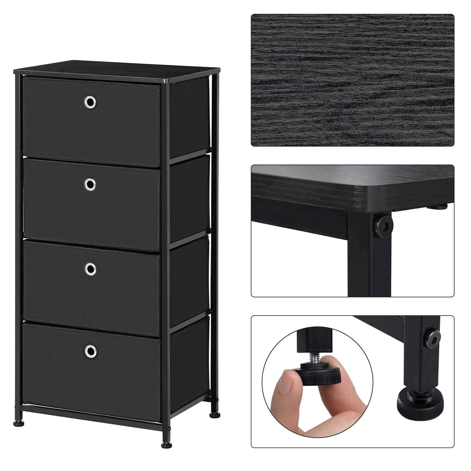 SONGMICS 4-Tier Dresser Drawer Unit, Cabinet with 4 Easy Pull Fabric Drawers, Storage Organizer with Metal Frame and Wooden Tabletop for Living Room, Closet, Hallway, Black ULTS04H