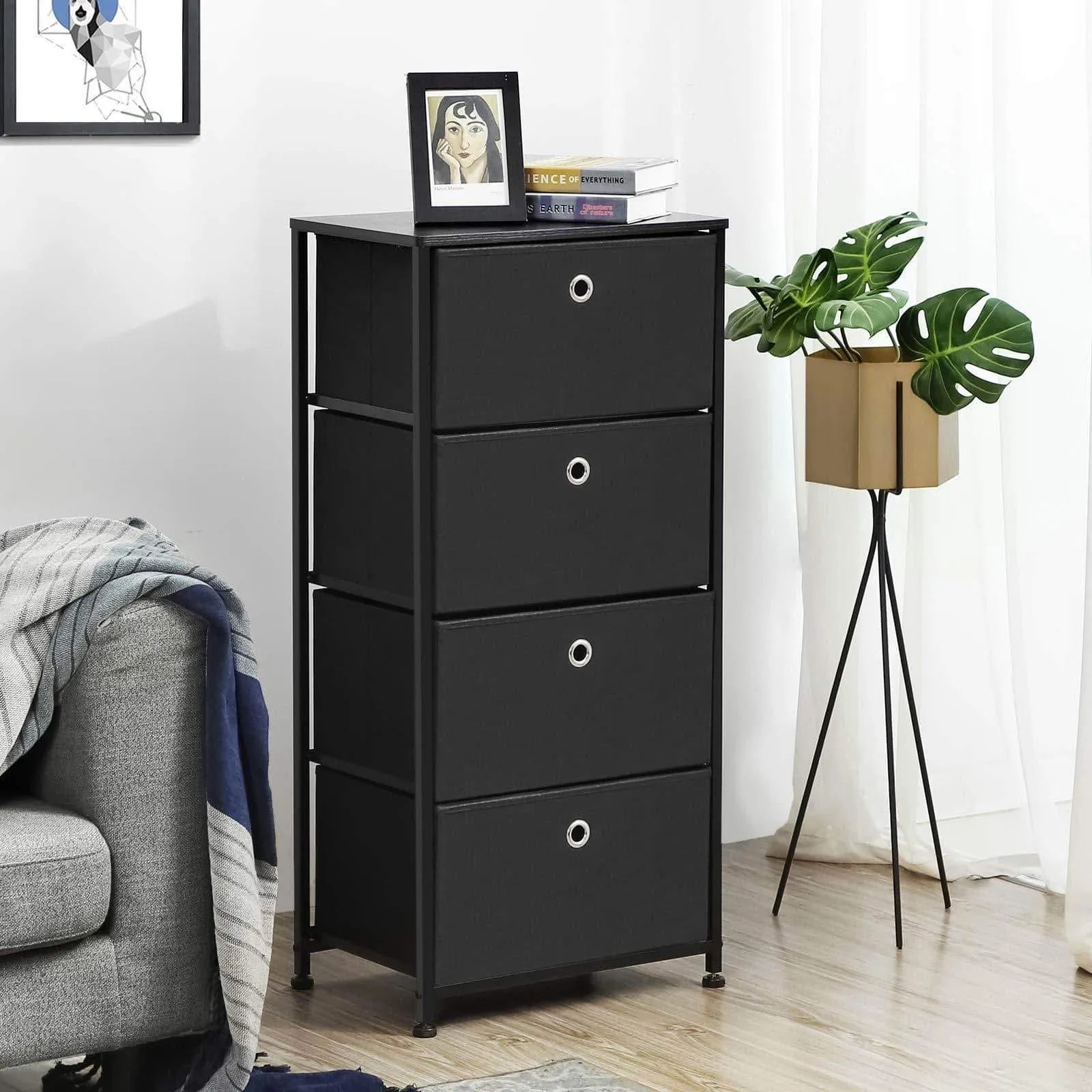 SONGMICS 4-Tier Dresser Drawer Unit, Cabinet with 4 Easy Pull Fabric Drawers, Storage Organizer with Metal Frame and Wooden Tabletop for Living Room, Closet, Hallway, Black ULTS04H