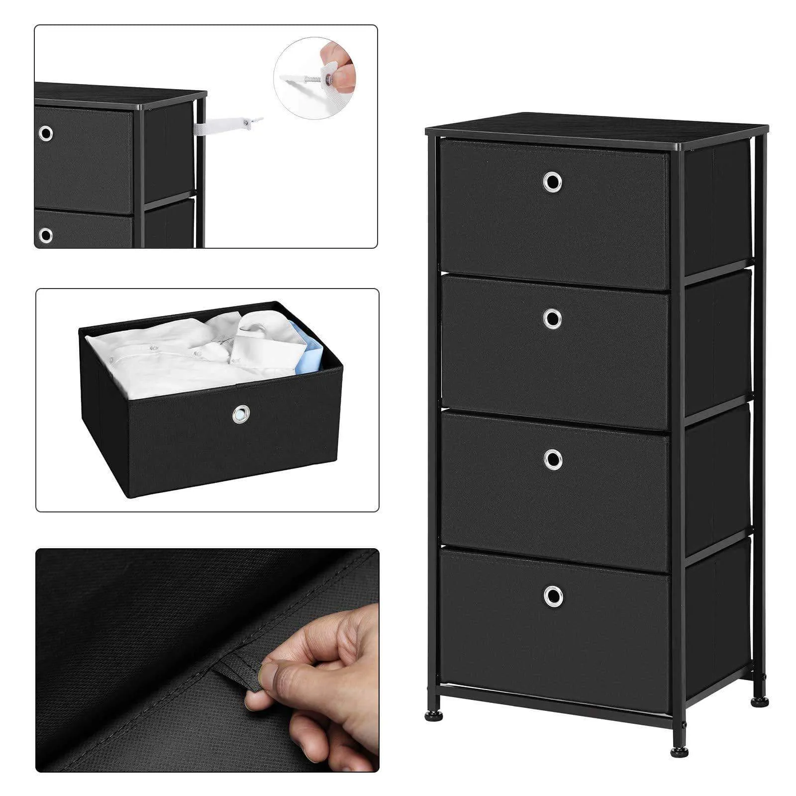 SONGMICS 4-Tier Dresser Drawer Unit, Cabinet with 4 Easy Pull Fabric Drawers, Storage Organizer with Metal Frame and Wooden Tabletop for Living Room, Closet, Hallway, Black ULTS04H
