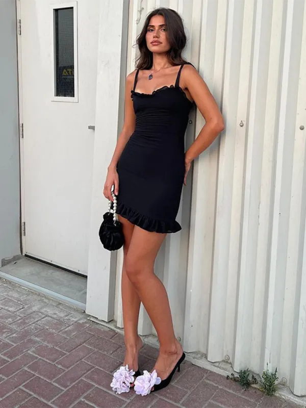 Spaghetti Strap Mini Dress with Ruffled Hem and Shoulder Ties