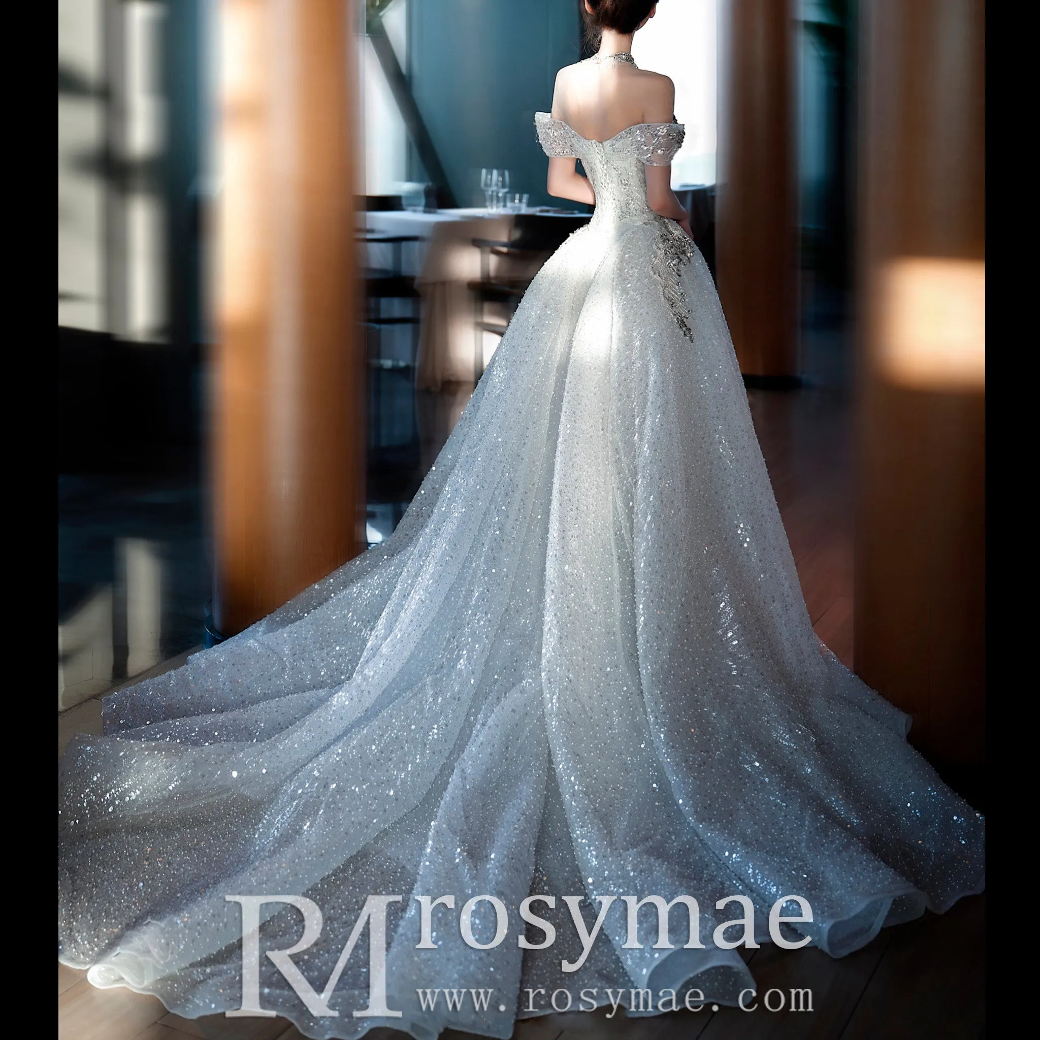Sparkly Convertible Wedding Dress with Detachable Train