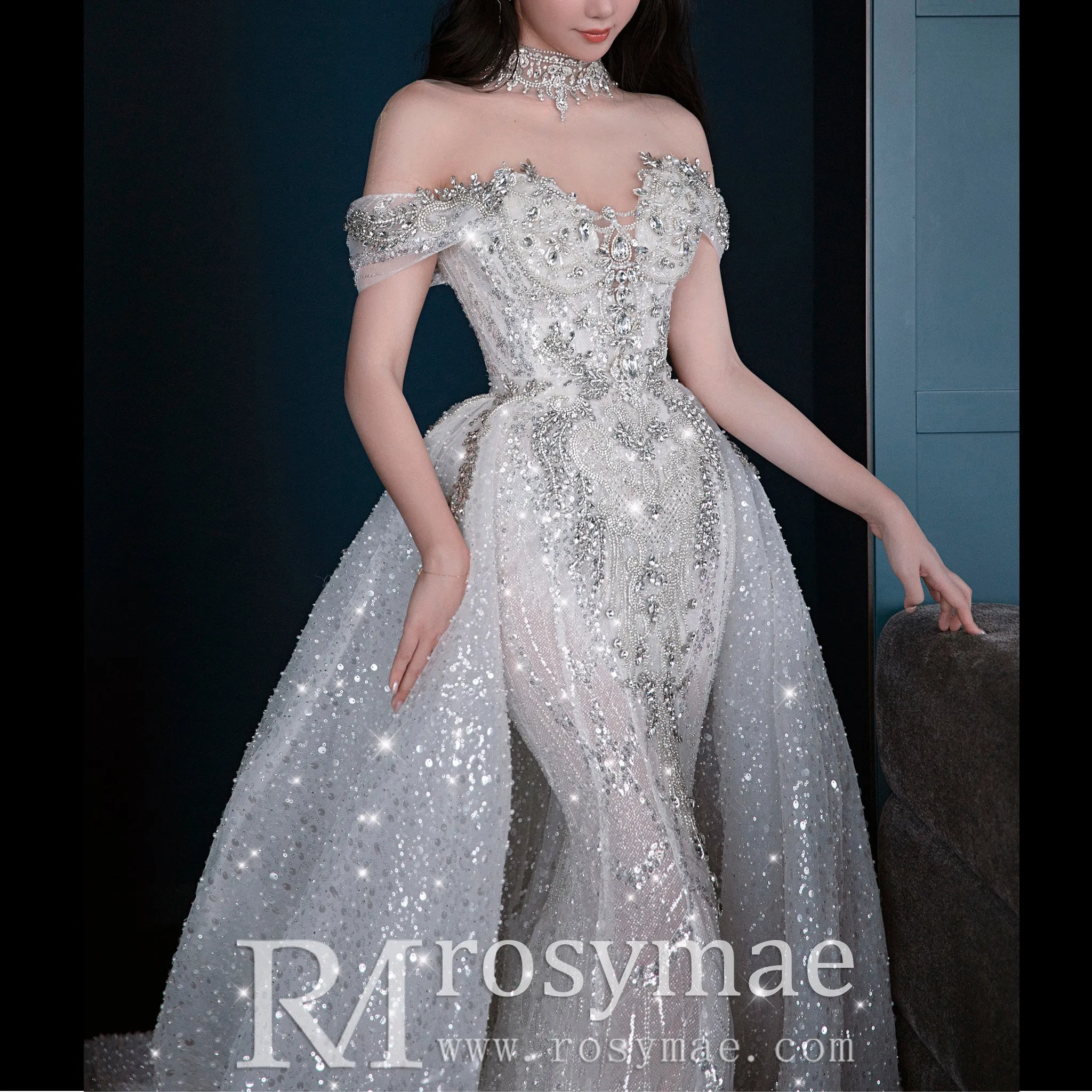Sparkly Convertible Wedding Dress with Detachable Train
