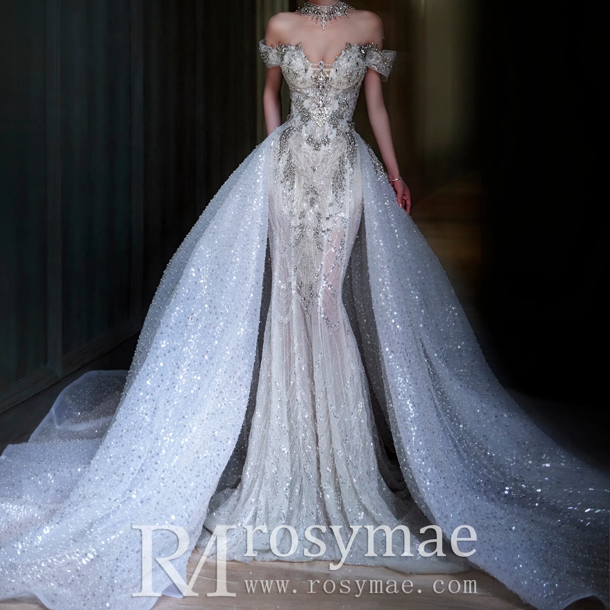 Sparkly Convertible Wedding Dress with Detachable Train